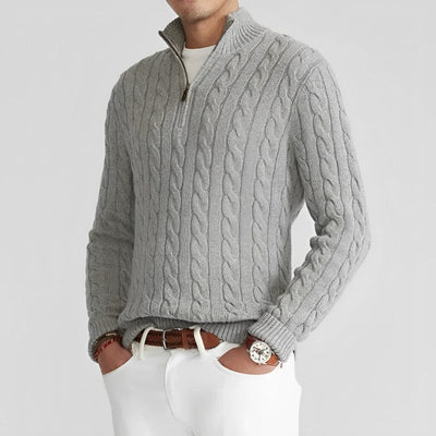 Stylish Cable Knit Sweater with V-Neck and Zipper for Men