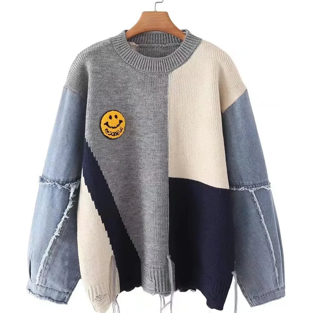 Loose-Fit Denim Patchwork Smiley Face Sweater for Women