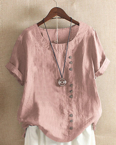 Solid Colour Short-Sleeve Blouse with Round Neckline for Women