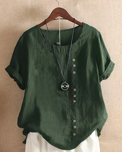 Solid Colour Short-Sleeve Blouse with Round Neckline for Women