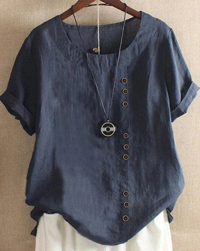 Solid Colour Short-Sleeve Blouse with Round Neckline for Women