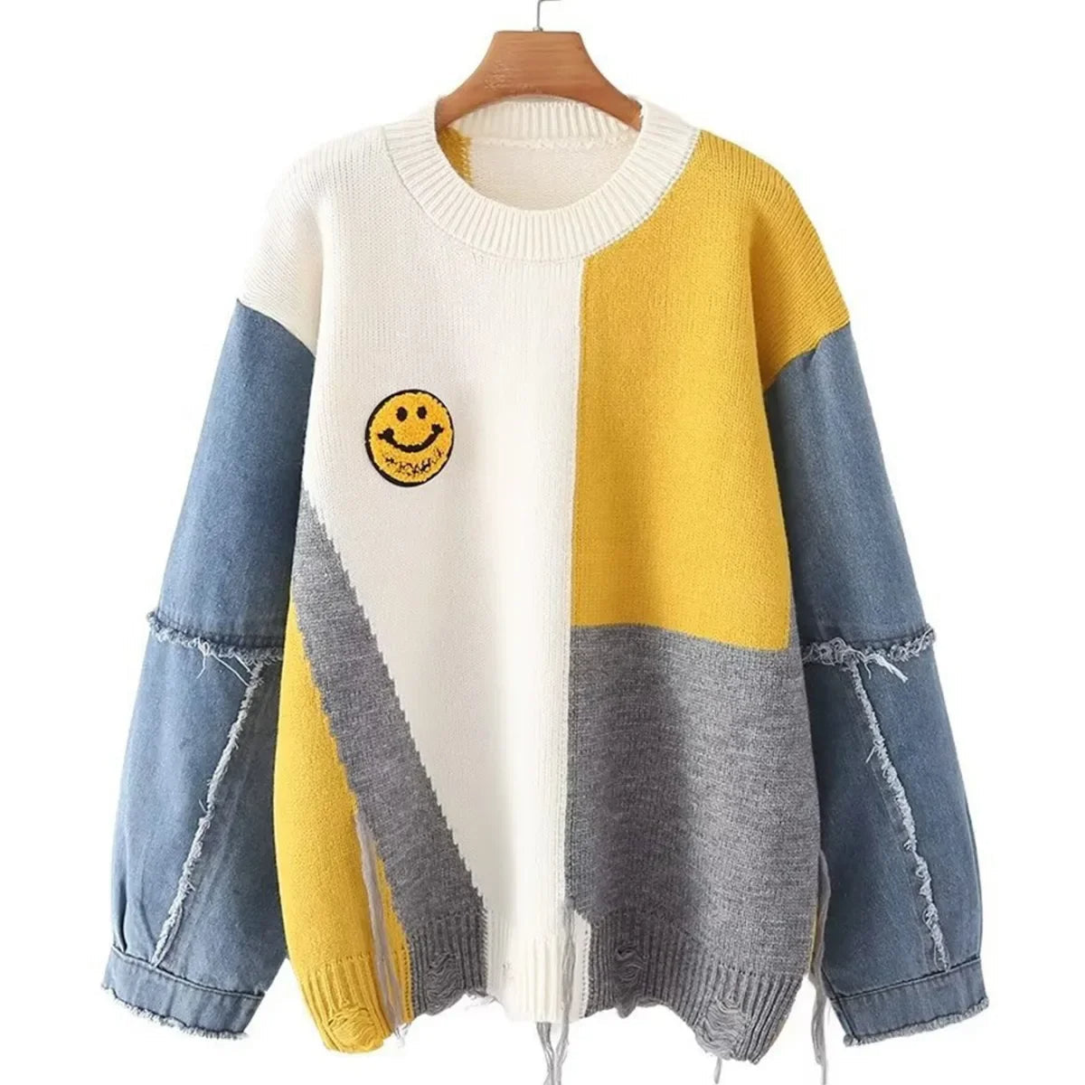 Loose-Fit Denim Patchwork Smiley Face Sweater for Women