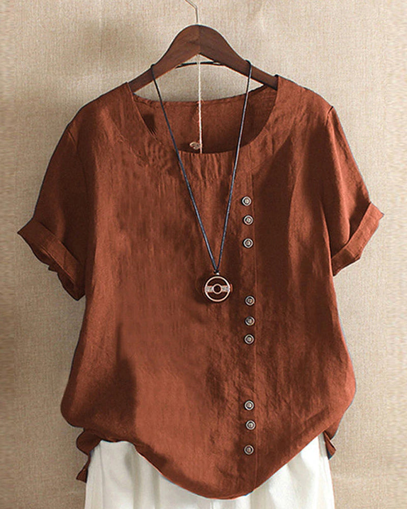 Solid Colour Short-Sleeve Blouse with Round Neckline for Women