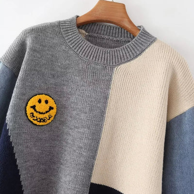 Loose-Fit Denim Patchwork Smiley Face Sweater for Women