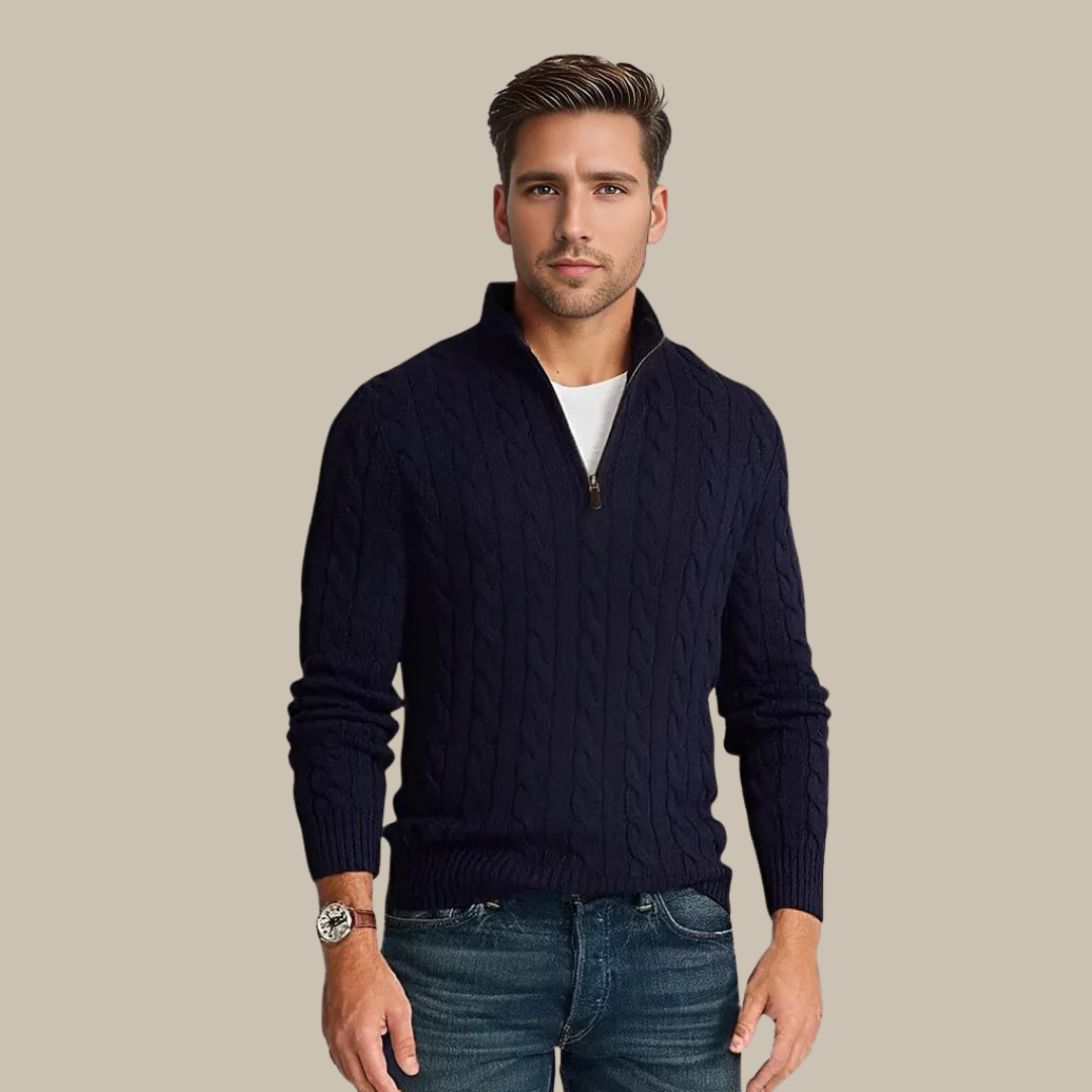 Stylish Cable Knit Sweater with V-Neck and Zipper for Men