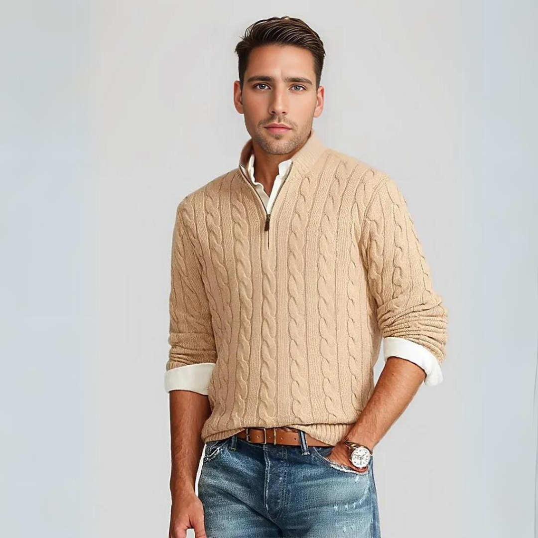 Stylish Cable Knit Sweater with V-Neck and Zipper for Men