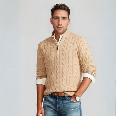 Stylish Cable Knit Sweater with V-Neck and Zipper for Men