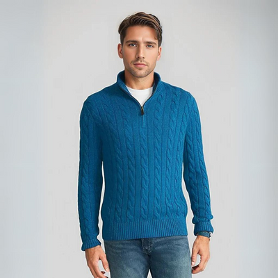 Stylish Cable Knit Sweater with V-Neck and Zipper for Men