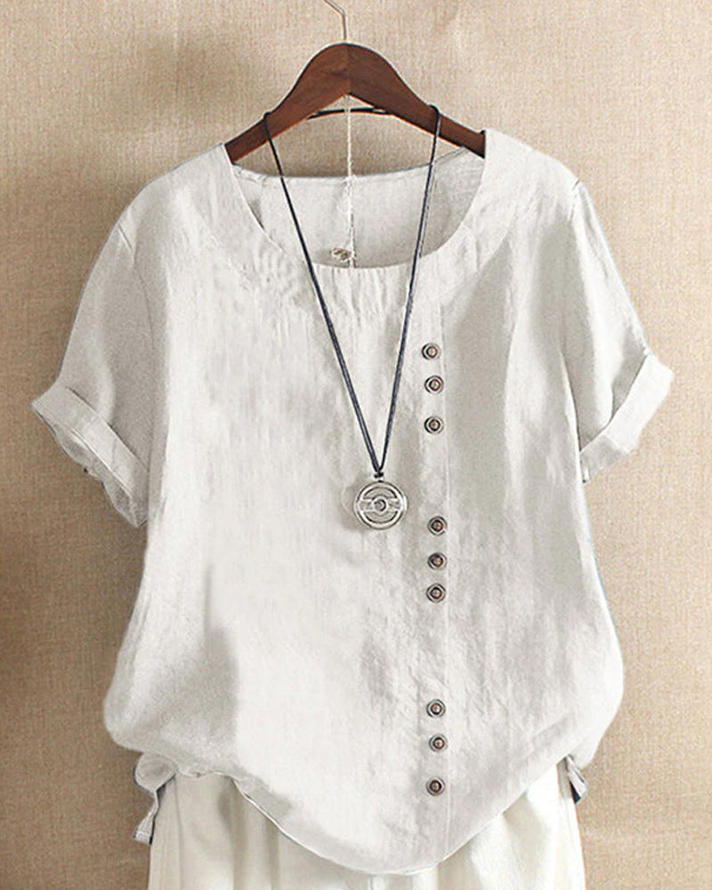 Solid Colour Short-Sleeve Blouse with Round Neckline for Women