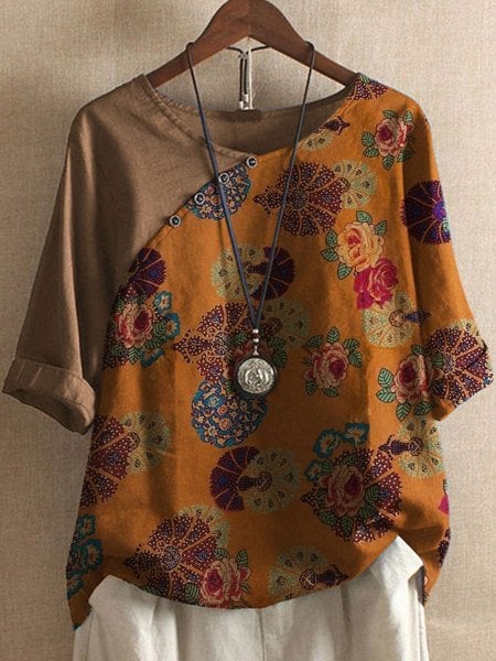 Loose-Fitting Blouse with Floral Sleeves for Women