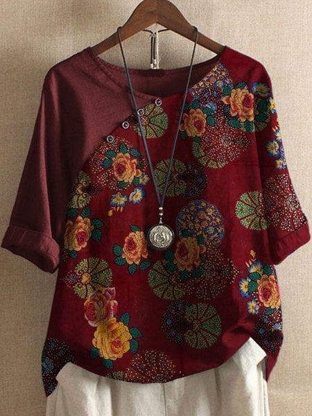 Loose-Fitting Blouse with Floral Sleeves for Women