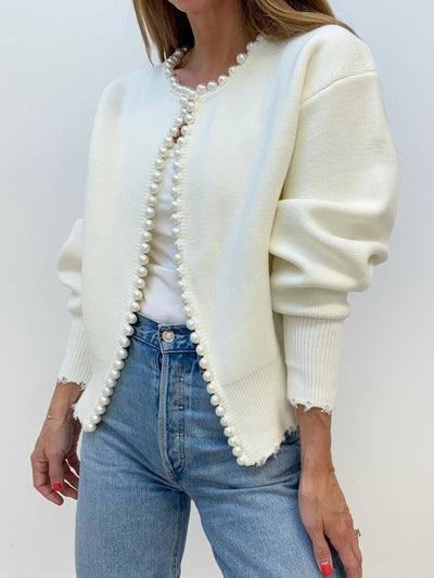 Pearl Trim Ripped Hem Cardigan for Women