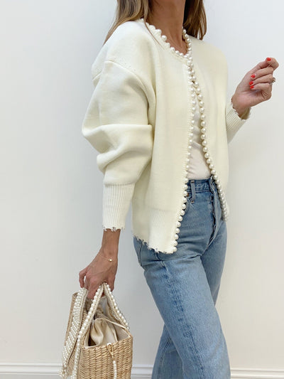 Pearl Trim Ripped Hem Cardigan for Women