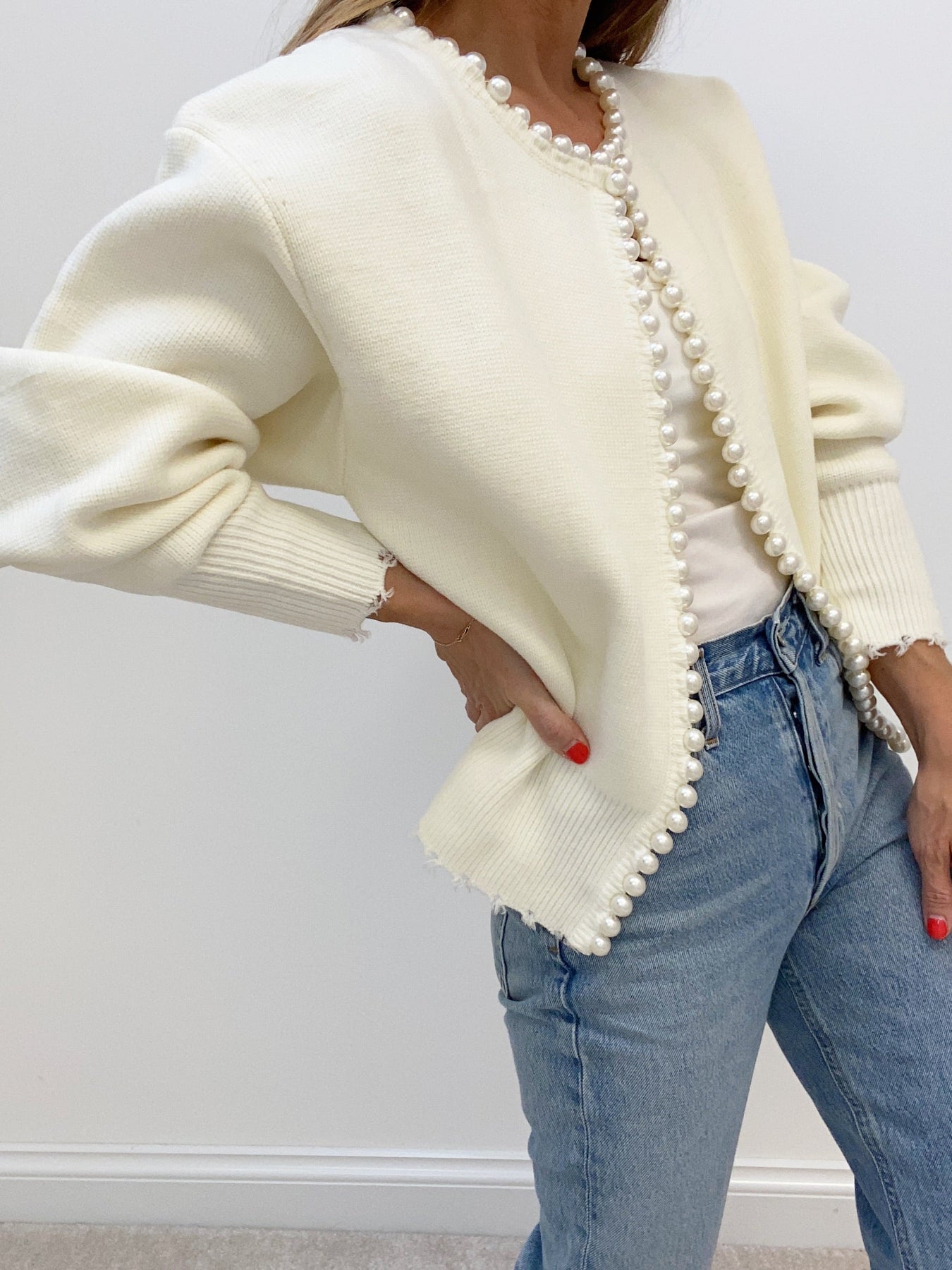 Pearl Trim Ripped Hem Cardigan for Women
