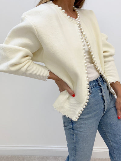 Pearl Trim Ripped Hem Cardigan for Women