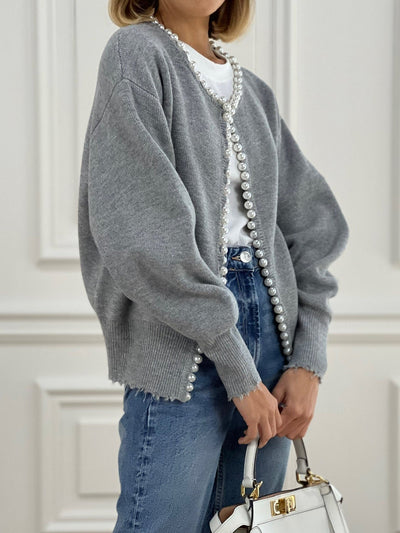 Pearl Trim Ripped Hem Cardigan for Women