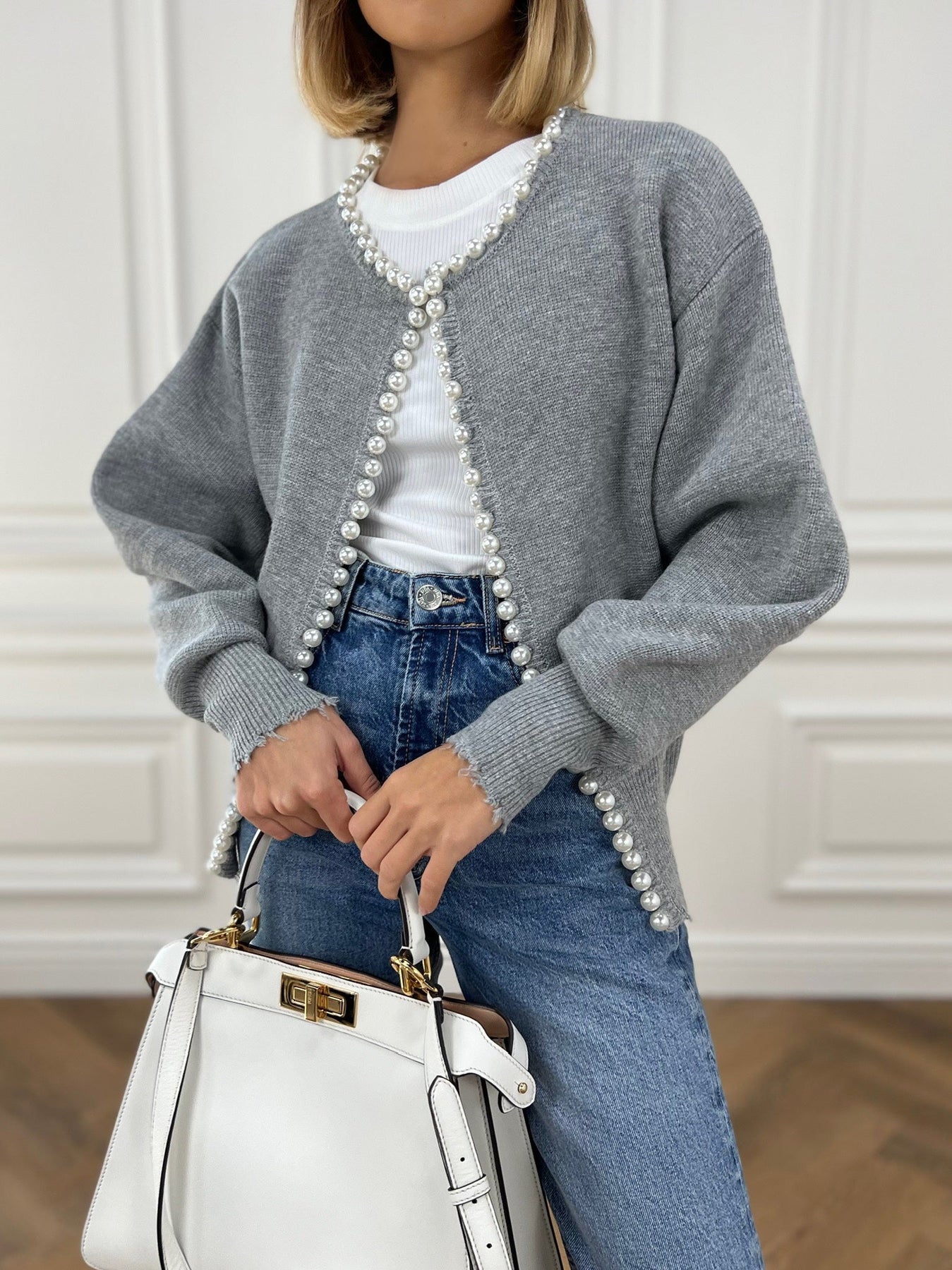 Pearl Trim Ripped Hem Cardigan for Women