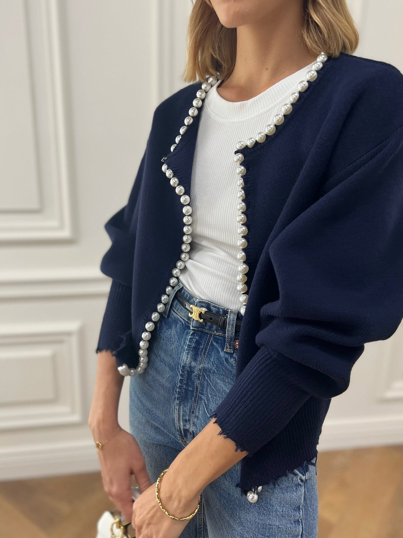 Pearl Trim Ripped Hem Cardigan for Women