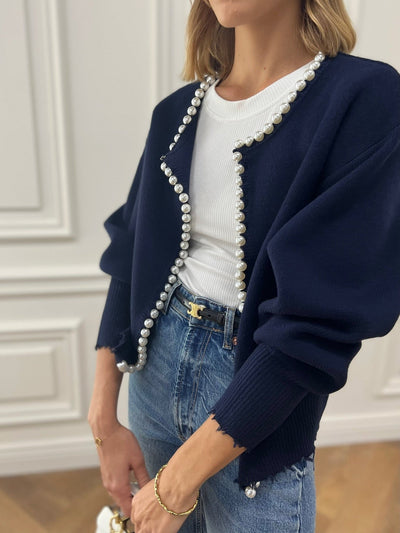 Pearl Trim Ripped Hem Cardigan for Women