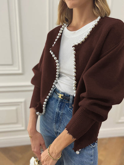 Pearl Trim Ripped Hem Cardigan for Women