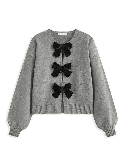 Velvet-Bow Lantern Sleeve Sweater for Women