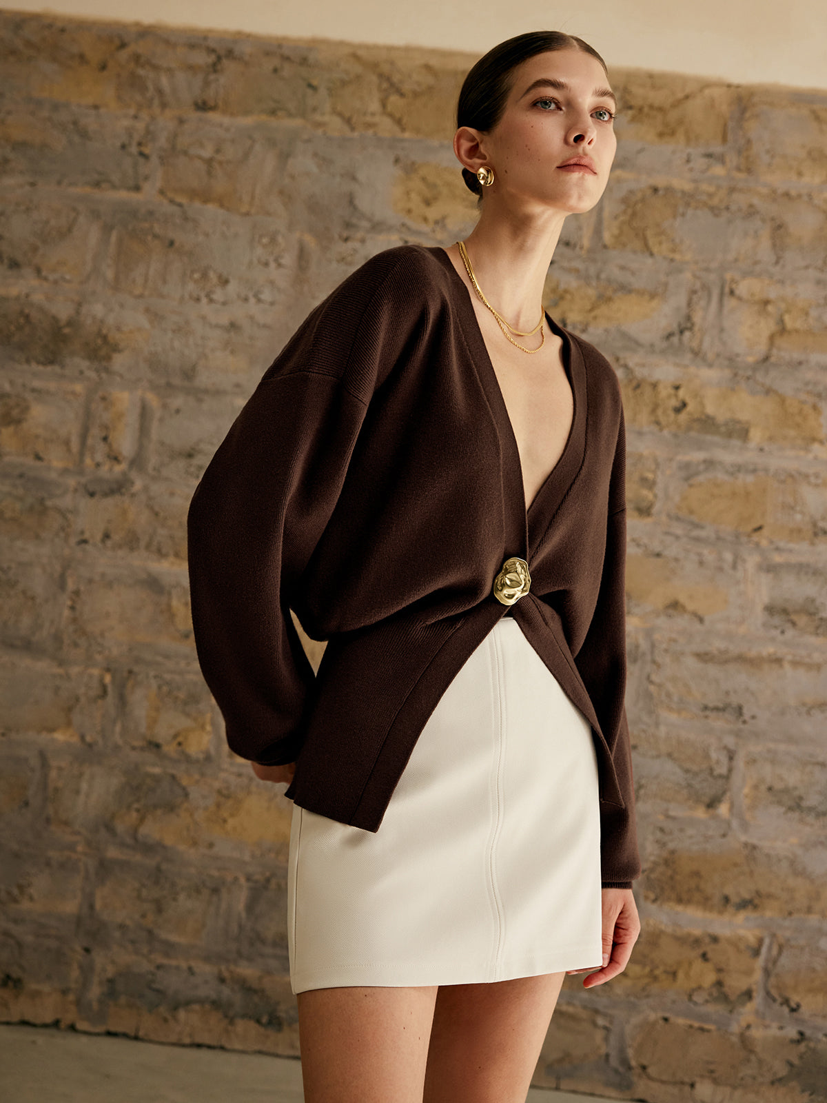 Golden Button Plain Cardigan for Women