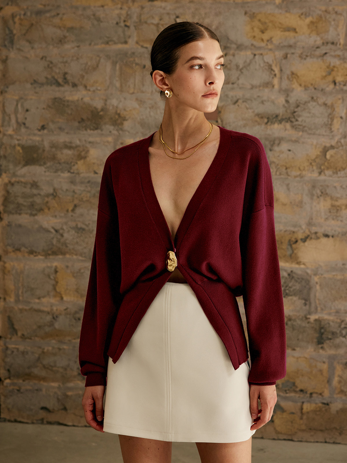 Golden Button Plain Cardigan for Women