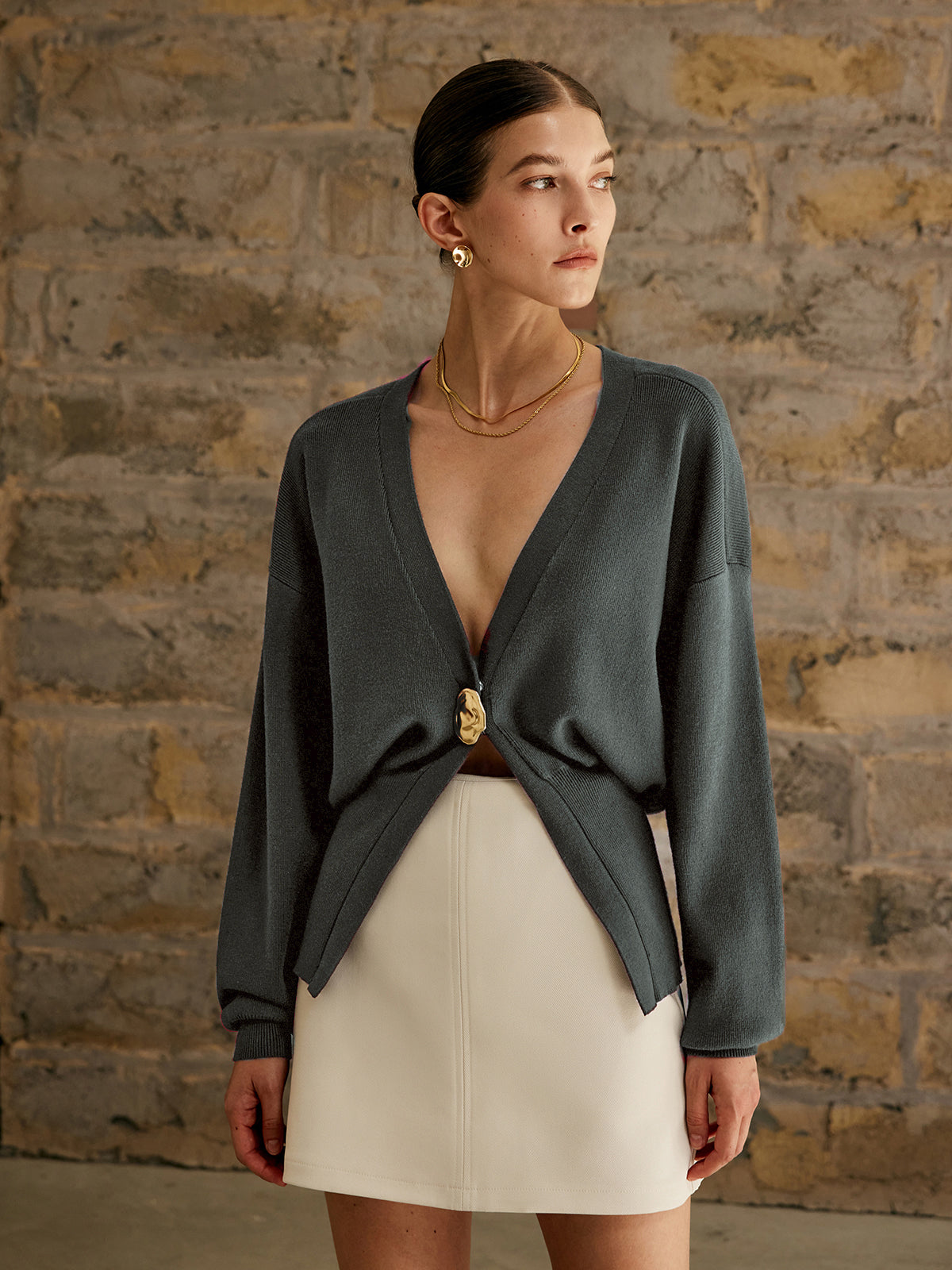 Golden Button Plain Cardigan for Women
