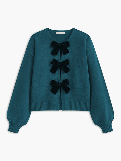 Velvet-Bow Lantern Sleeve Sweater for Women