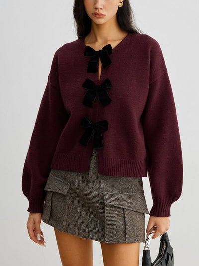 Velvet-Bow Lantern Sleeve Sweater for Women