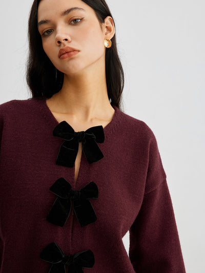Velvet-Bow Lantern Sleeve Sweater for Women