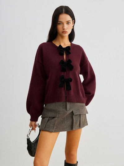 Velvet-Bow Lantern Sleeve Sweater for Women