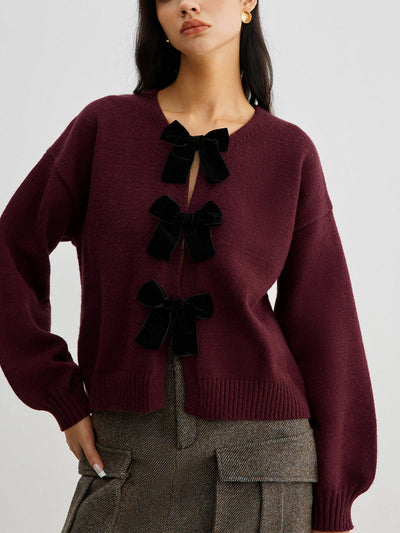 Velvet-Bow Lantern Sleeve Sweater for Women