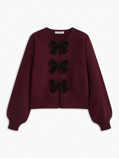 Velvet-Bow Lantern Sleeve Sweater for Women