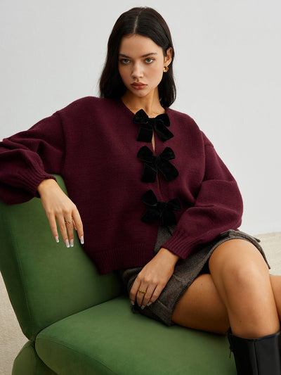 Velvet-Bow Lantern Sleeve Sweater for Women