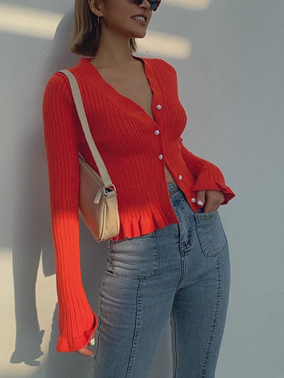 Ruffled Trim Pearl Button Long Sleeve Cardigan for Women