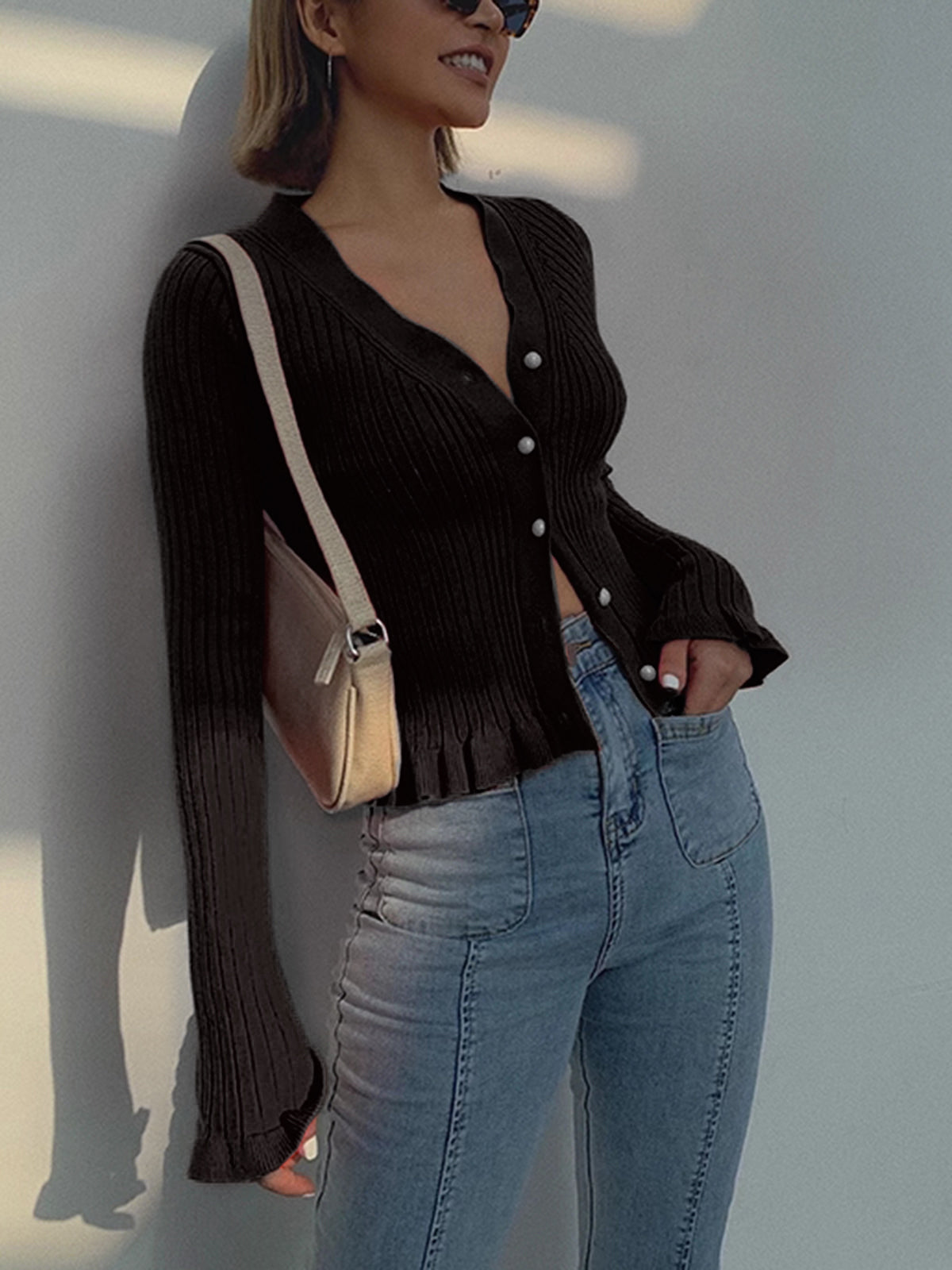 Ruffled Trim Pearl Button Long Sleeve Cardigan for Women