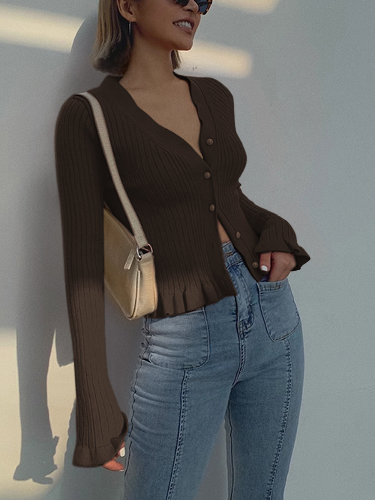 Ruffled Trim Pearl Button Long Sleeve Cardigan for Women