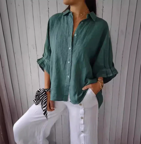 Cotton-Linen Blouse with Button Placket for Women