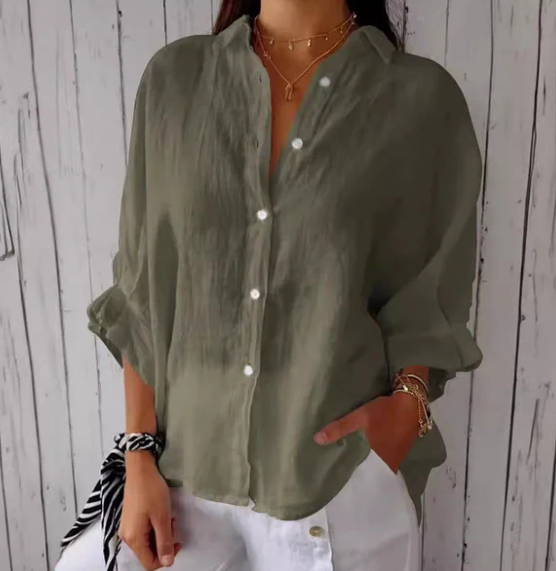 Cotton-Linen Blouse with Button Placket for Women