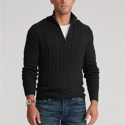 Stylish Cable Knit Sweater with V-Neck and Zipper for Men