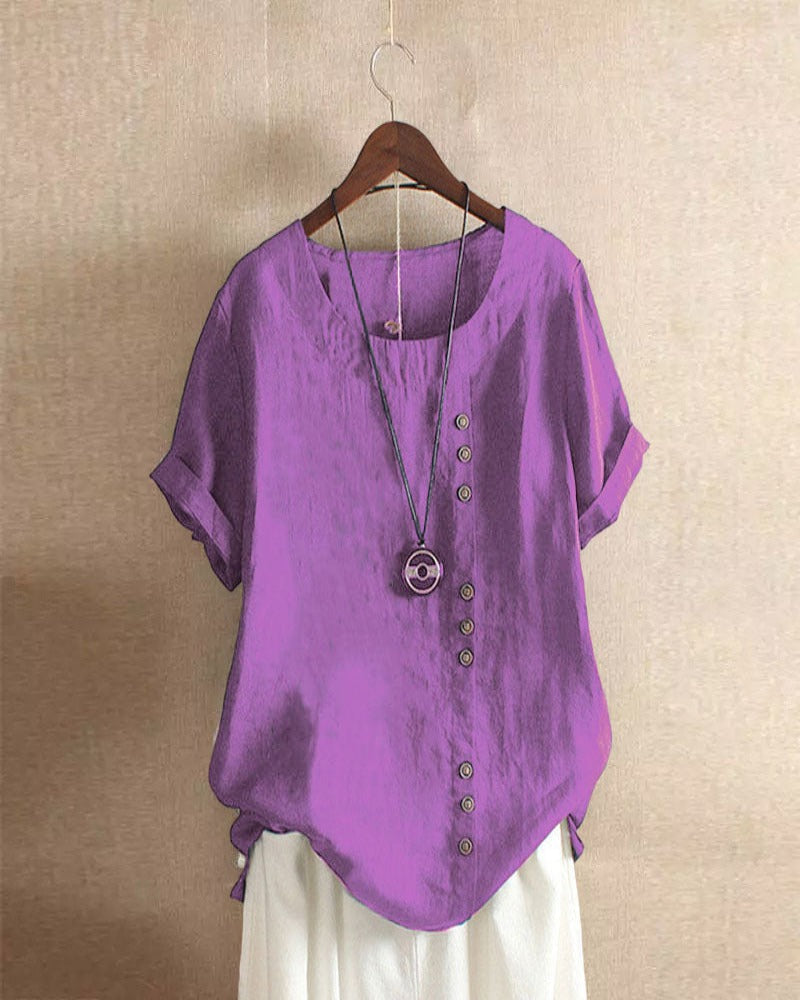 Solid Colour Short-Sleeve Blouse with Round Neckline for Women