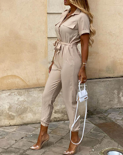 Elegant Jumpsuit With Belt and Short Sleeves for Women