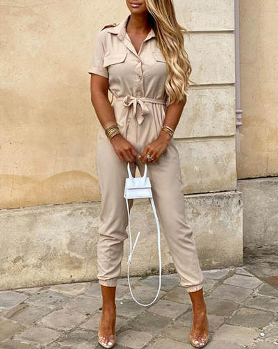 Elegant Jumpsuit With Belt and Short Sleeves for Women