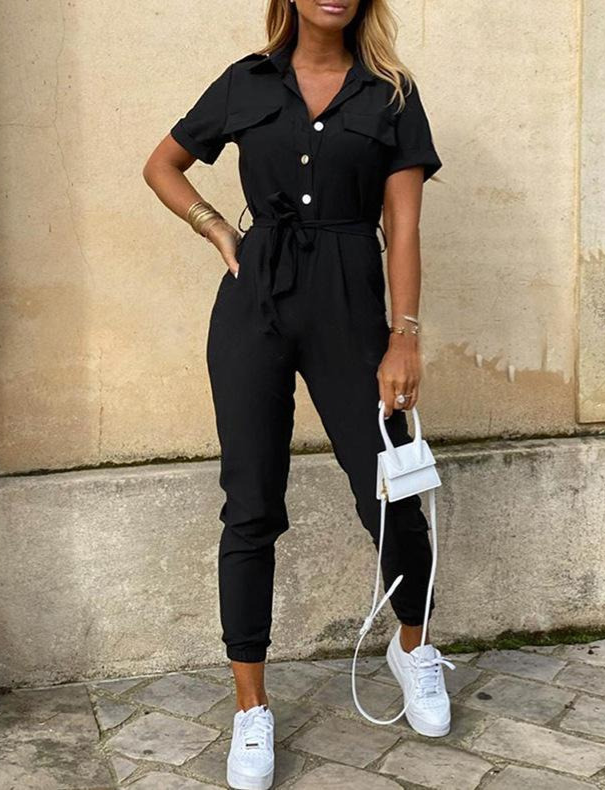 Elegant Jumpsuit With Belt and Short Sleeves for Women