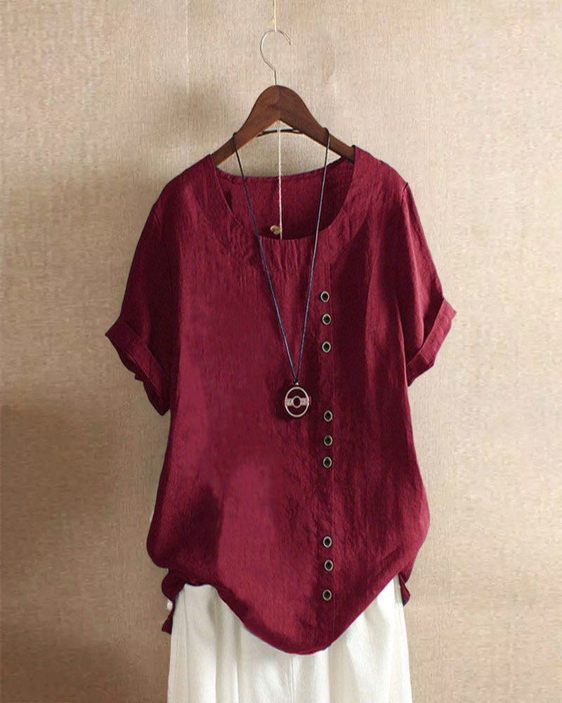 Solid Colour Short-Sleeve Blouse with Round Neckline for Women