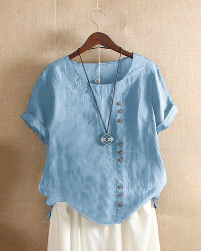 Solid Colour Short-Sleeve Blouse with Round Neckline for Women