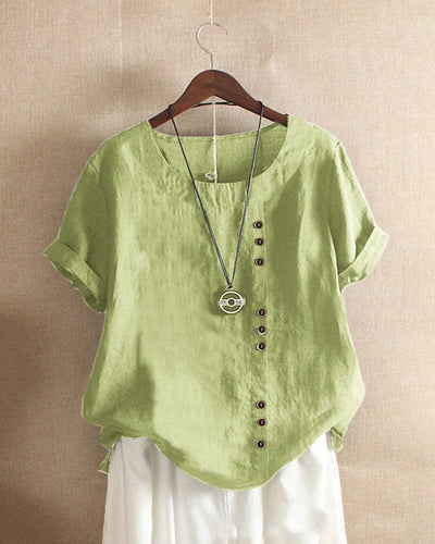 Solid Colour Short-Sleeve Blouse with Round Neckline for Women