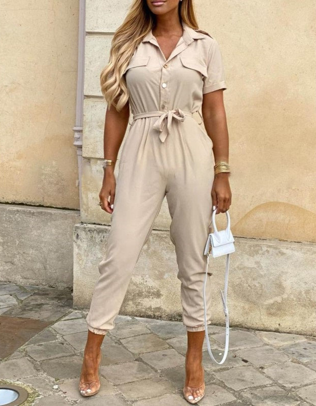 Elegant Jumpsuit With Belt and Short Sleeves for Women