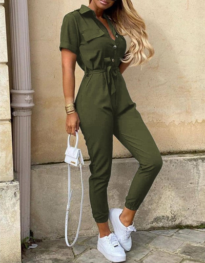 Elegant Jumpsuit With Belt and Short Sleeves for Women
